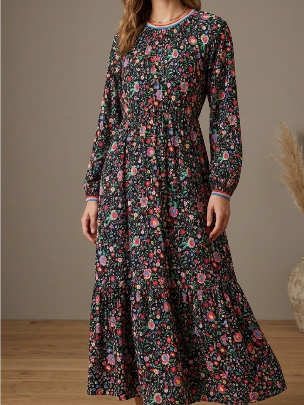 Boden Black Multi-Floral Midi Dress Rainbow Trim 4P Cottagecore Boho-Chic